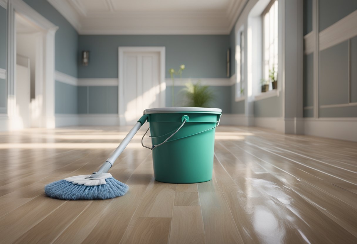 A bucket of soapy water, a scrub brush, and a mop are used to deep clean linoleum flooring. The surface is scrubbed thoroughly to remove dirt and grime, then mopped clean
