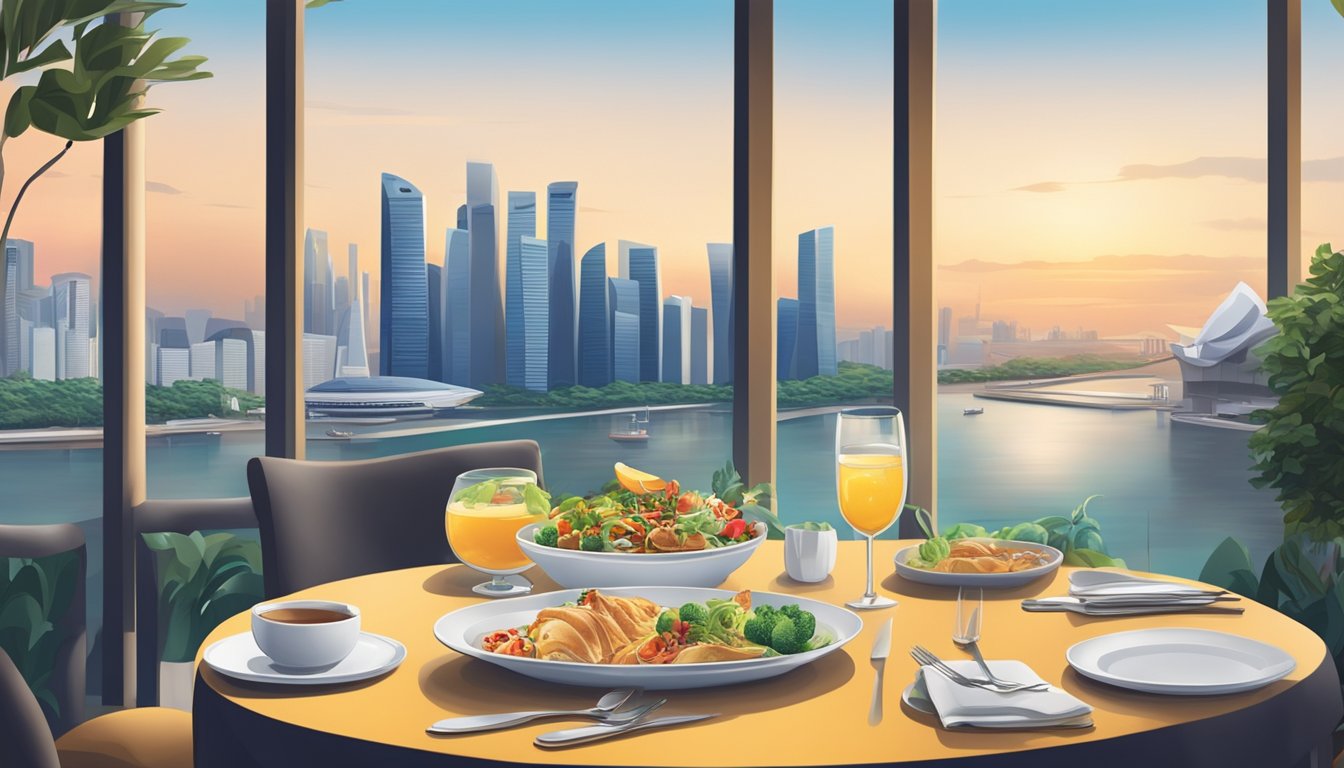 A table set with gourmet dishes and a credit card on the side, with a view of the Singapore skyline in the background