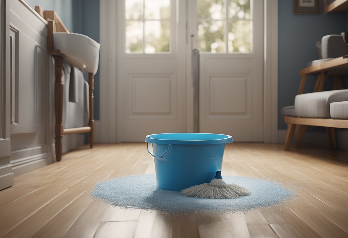 A mop glides across linoleum, scrubbing vigorously. A bucket of soapy water sits nearby, while a scrub brush tackles stubborn spots