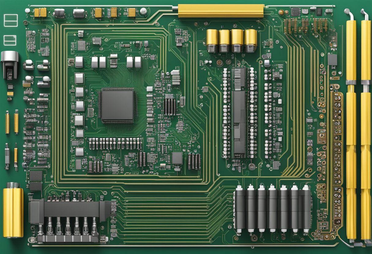 Circuit boards arranged on a display, with components soldered in place