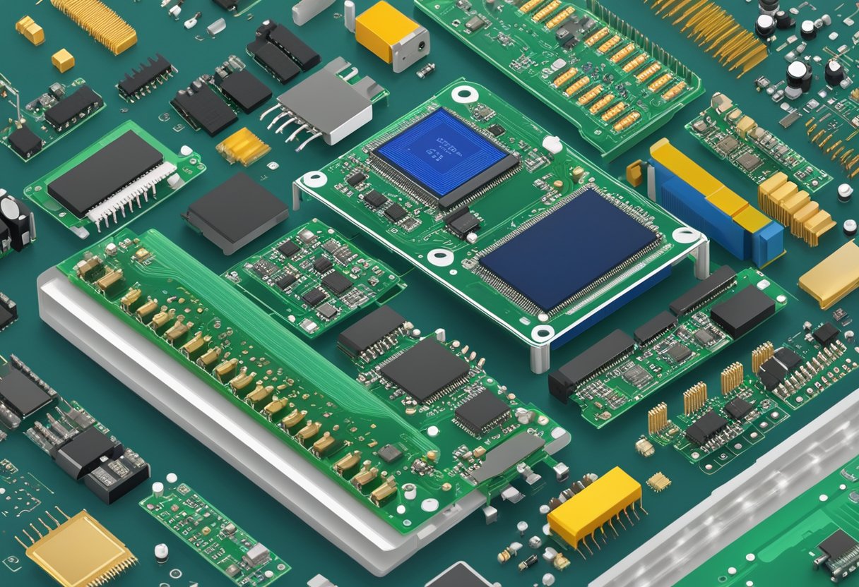 A neatly arranged PCB assembly display with various electronic components and circuit boards