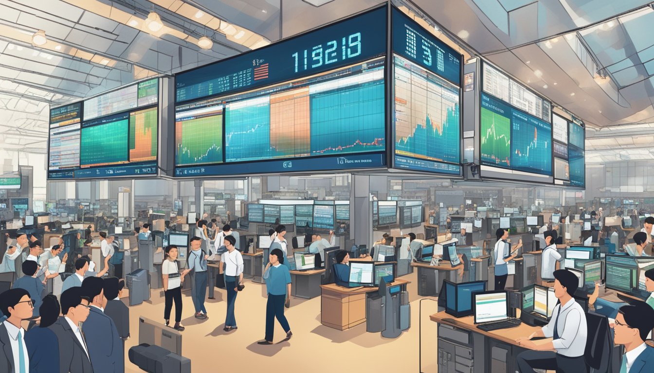 A bustling stock exchange floor with traders gesturing and shouting, screens displaying stock prices, and a prominent sign reading "Best Dividend Stocks Singapore."