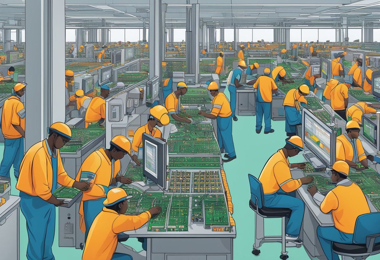 A busy PCB assembly line in South Africa with workers and machines assembling electronic components onto circuit boards