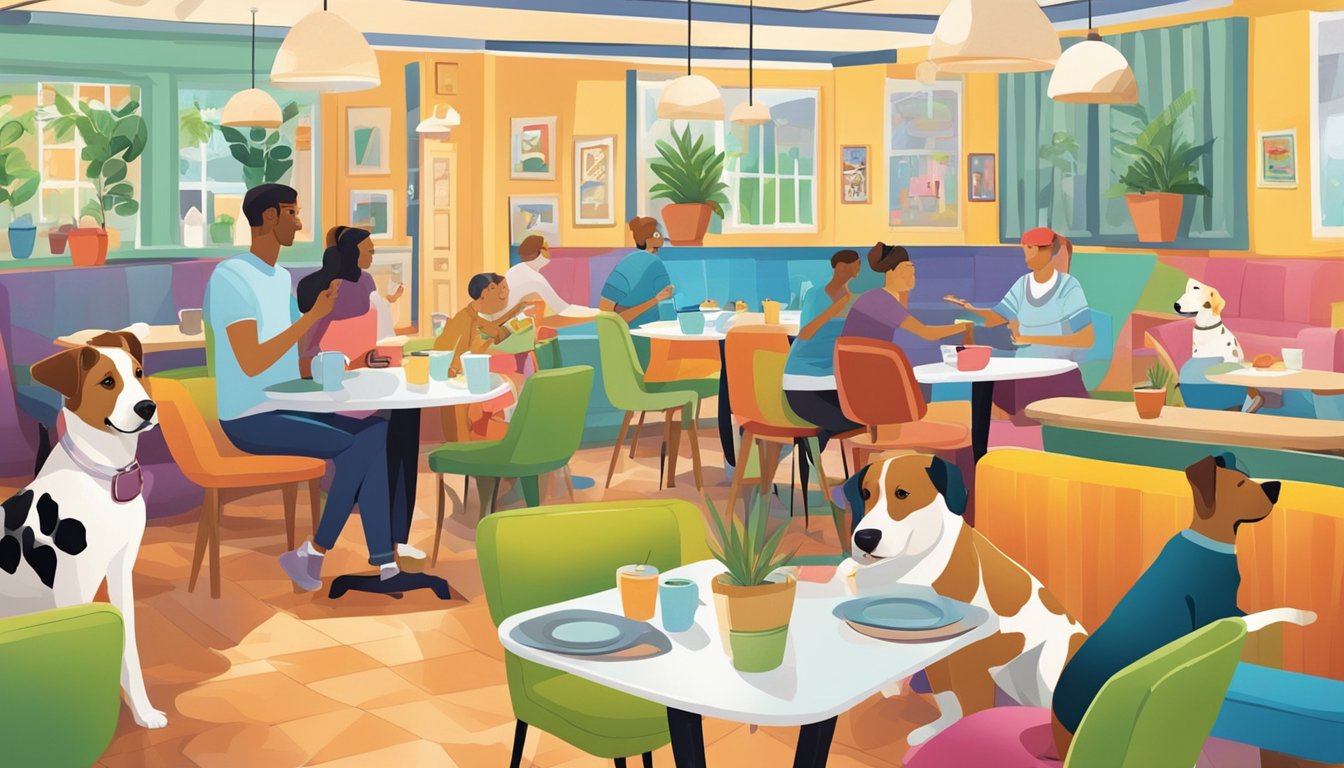Dogs playfully interact in a vibrant cafe setting, surrounded by colorful dog-friendly decor and comfortable seating for owners