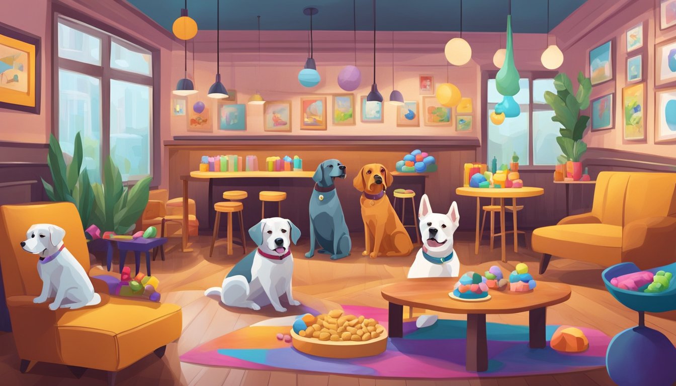 Dogs lounge in a cozy cafe, surrounded by colorful toys and treats. A friendly atmosphere with vibrant decor and comfortable seating