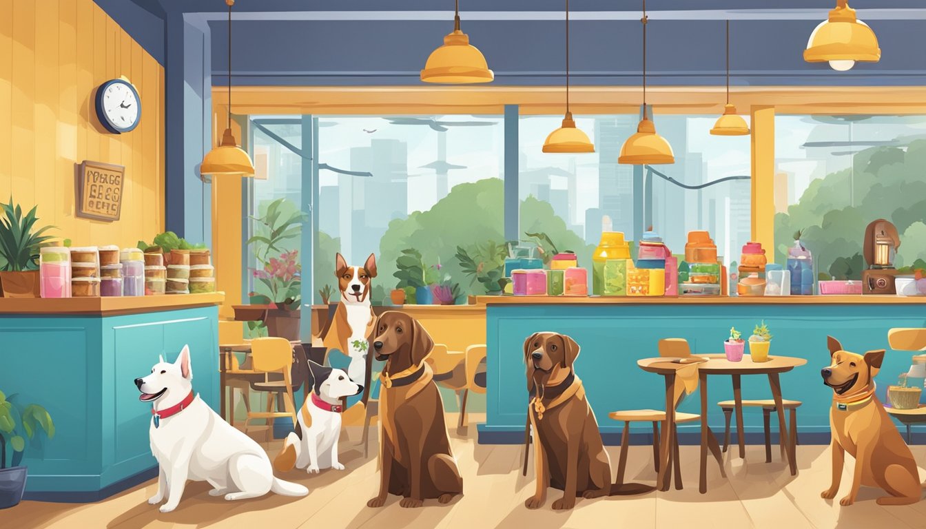 A group of dogs enjoy treats and toys at a vibrant dog cafe in Singapore, with a menu showcasing the best highlights
