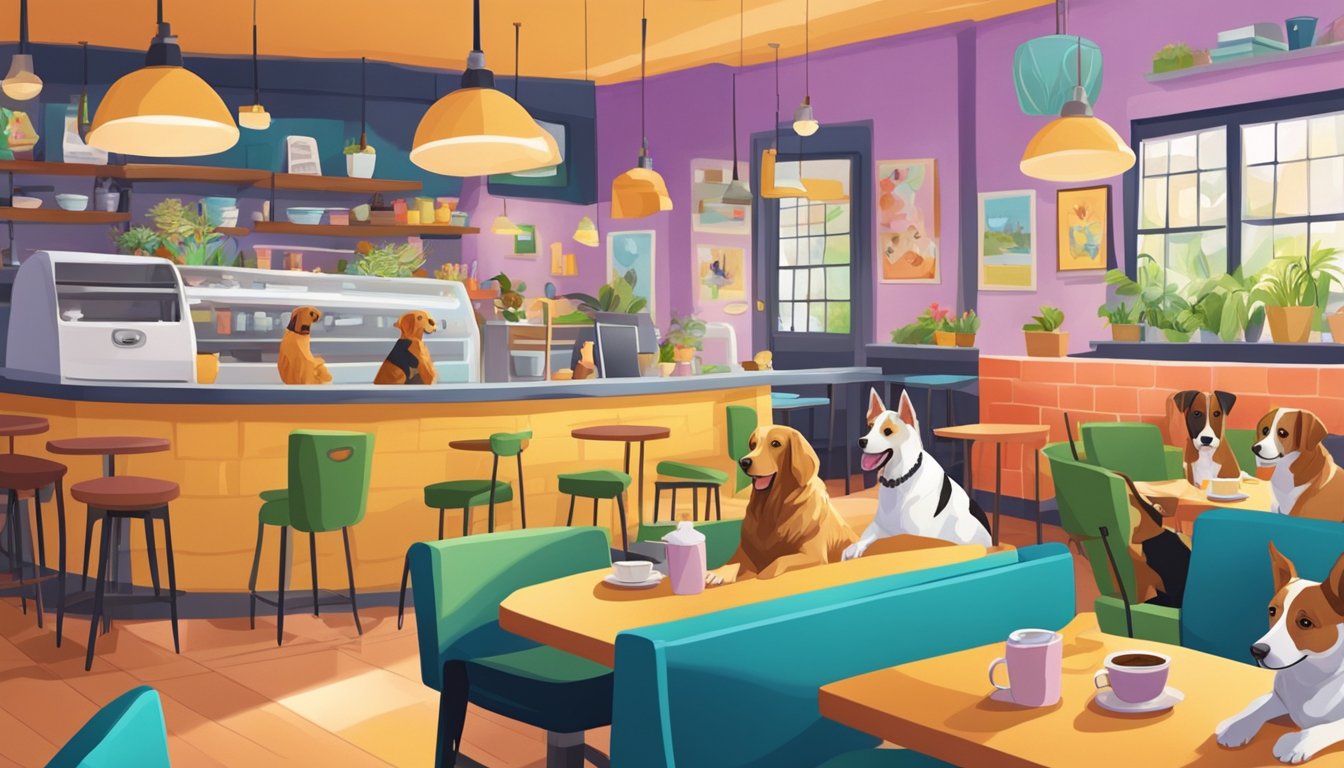 Dogs play and socialize in a vibrant, cozy cafe setting with colorful decor, comfortable seating, and a variety of dog-friendly amenities and services
