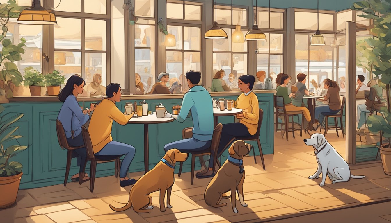 Dogs playing in a cozy cafe setting, surrounded by happy customers enjoying their time