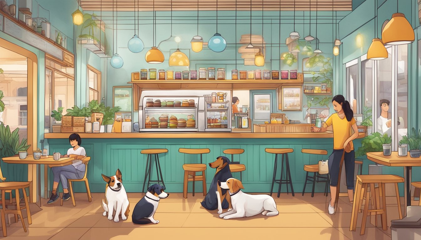 A cozy dog cafe in Singapore, with playful pups and happy customers enjoying treats and drinks in a vibrant and welcoming atmosphere
