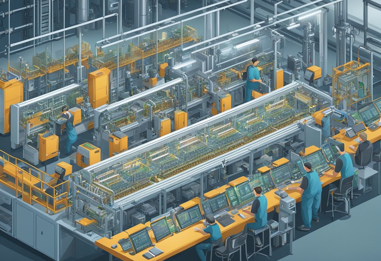 A group of advanced machinery lines up in a spacious, well-lit factory, meticulously assembling intricate printed circuit boards
