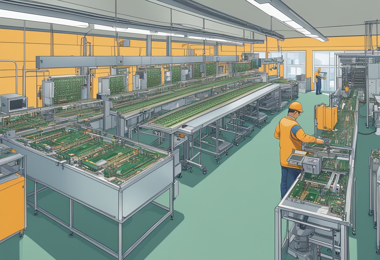 Machines assemble PCBs in a brightly lit, sterile manufacturing facility in the USA. Components are meticulously placed and soldered onto circuit boards