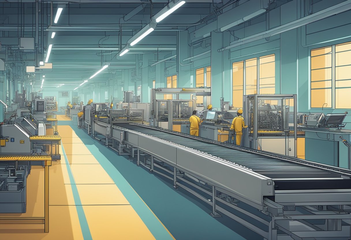 Machines assemble PCBs in a brightly lit American factory. Conveyor belts move circuit boards through various stages of manufacturing
