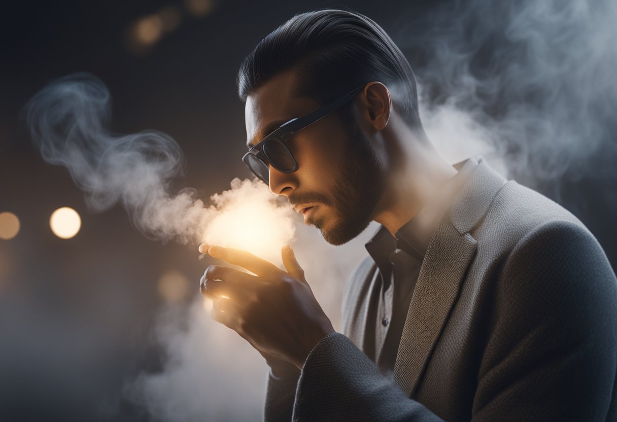 A person exhales a cloud of vapor while holding the new Vaporesso Xros Pro. The device is sleek and modern, emitting a satisfying vapor cloud