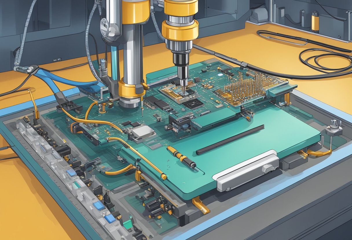 Soldering iron melts metal onto PCB. Components placed by robotic arm. Inspection for defects