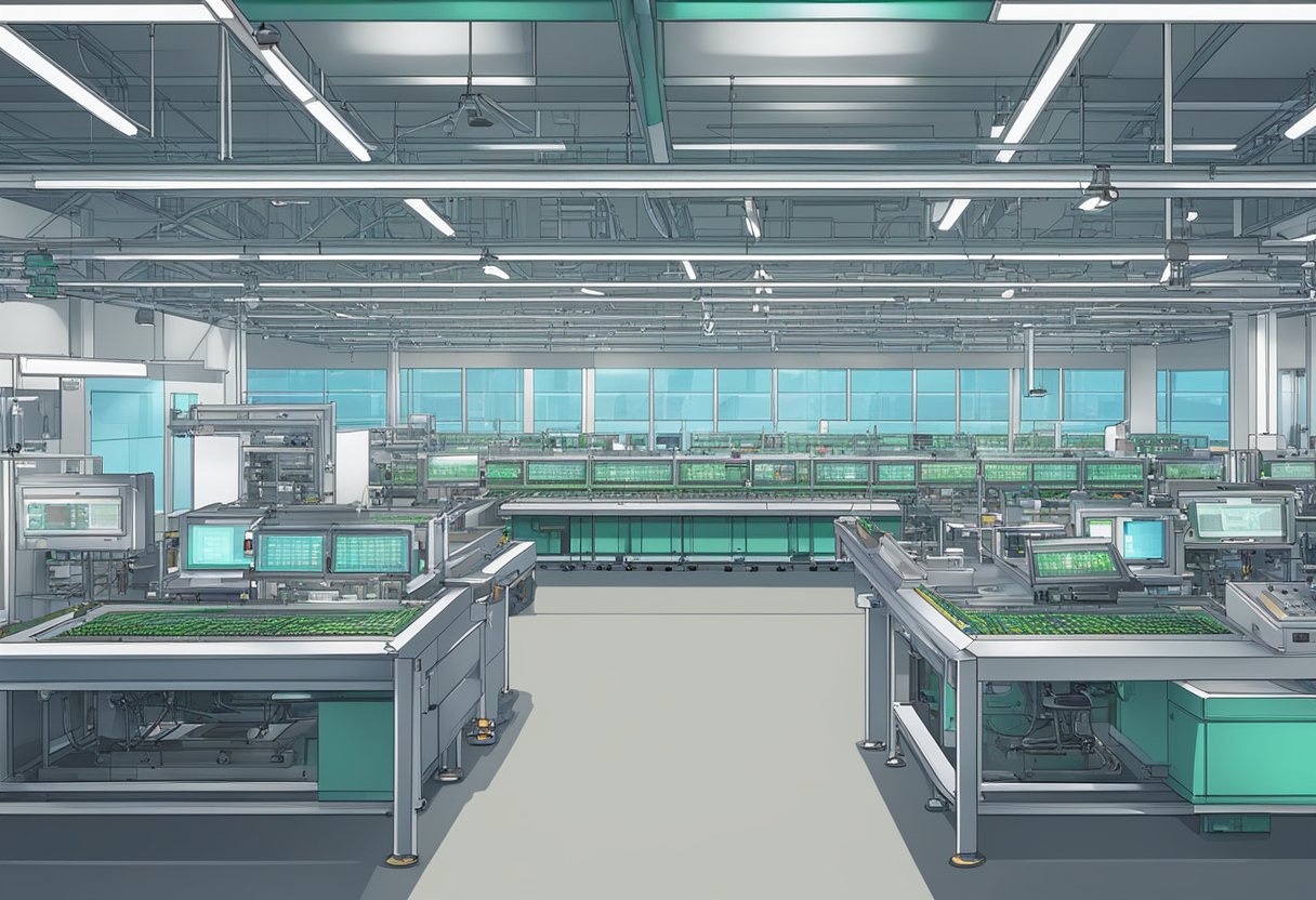 An array of advanced SMT and PCB assembly machines whir and hum in a brightly lit, high-tech facility. Components are meticulously placed and soldered with precision