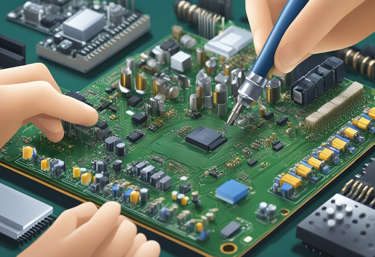 Multiple small electronic components being carefully placed and soldered onto a printed circuit board (PCB) on a workbench