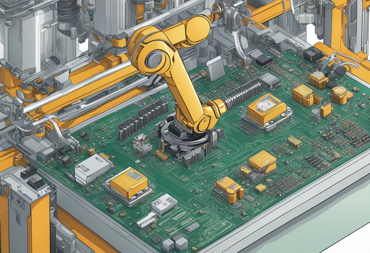 A robotic arm precisely places electronic components onto a circuit board as it moves along a conveyor belt