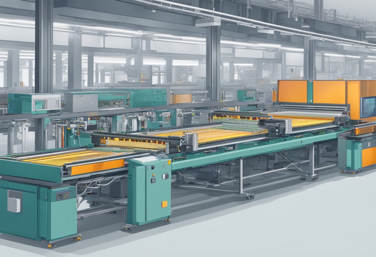 Multiple PCB board assembly machines in operation, placing components onto circuit boards with precision. Conveyor belts move boards between stations
