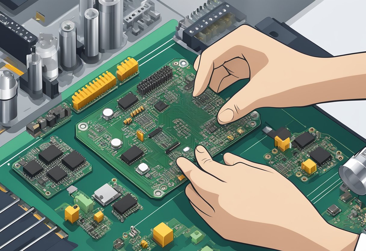 PCB components being placed onto a circuit board, soldered, and inspected for quality control