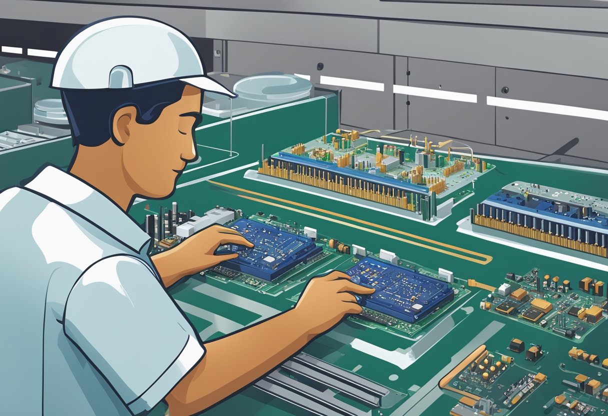 A technician carefully places electronic components onto a circuit board at a manufacturing facility in India