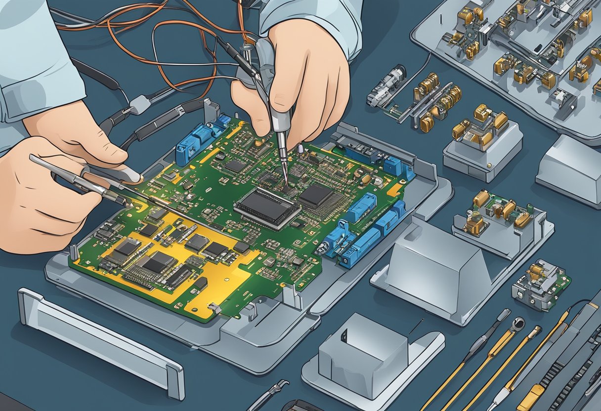 A technician soldering components onto a flexible PCB assembly with precision tools and equipment
