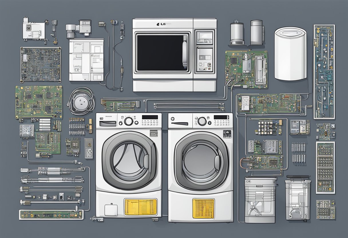 LG washer PCB assembly: Circuit board, wires, and components arranged on a workbench in an organized manner