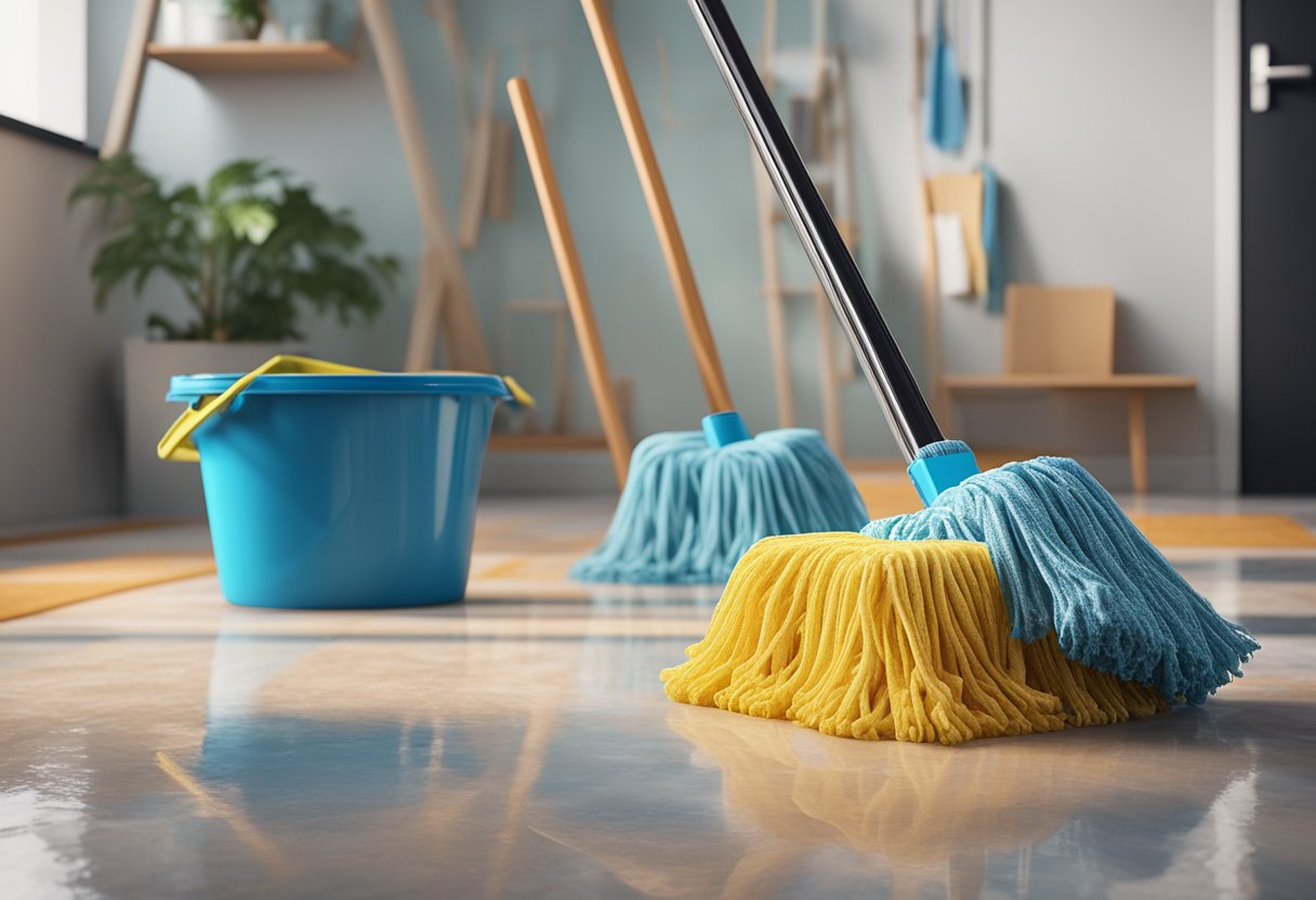 A bucket of soapy water sits next to a pile of colorful mops on a shiny linoleum floor. A mop with a long handle and absorbent sponge stands out as the best choice