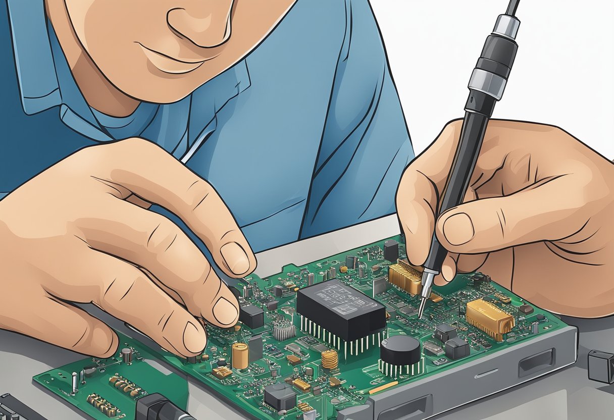 A technician carefully places electronic components onto a printed circuit board, while another technician uses a soldering iron to secure the connections