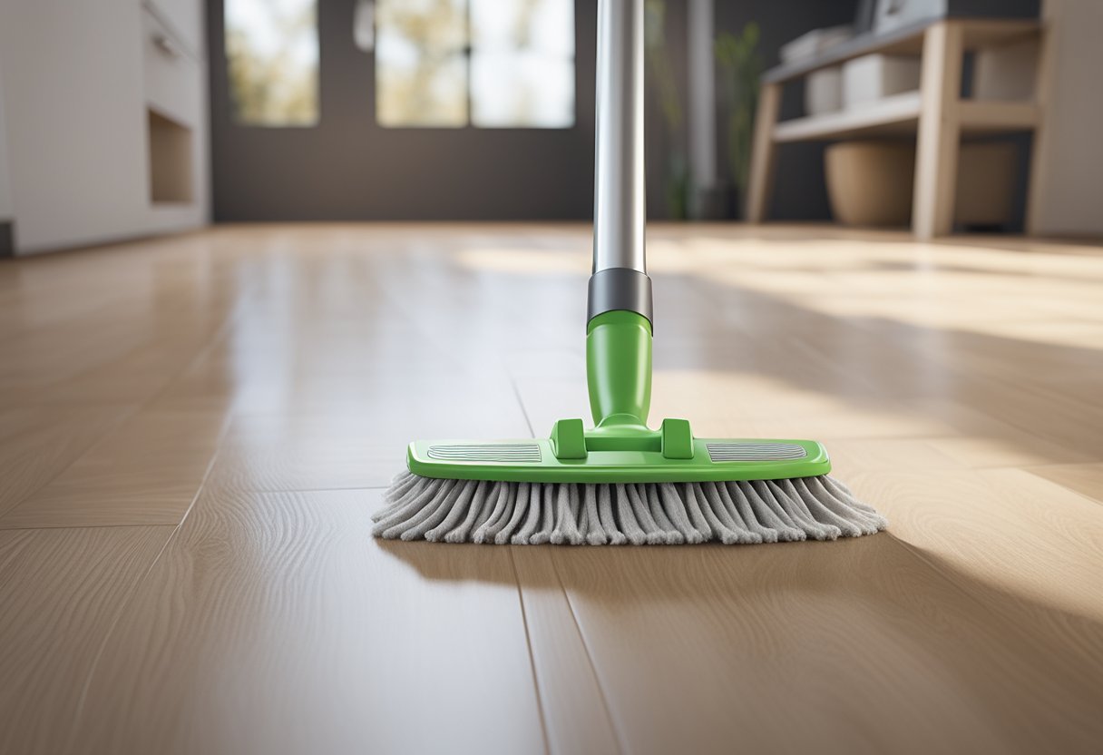 A mop gliding smoothly across a linoleum floor, leaving behind a streak-free and shiny surface. The mop's absorbent and durable material effortlessly lifts dirt and grime, while its ergonomic design allows for comfortable and efficient cleaning