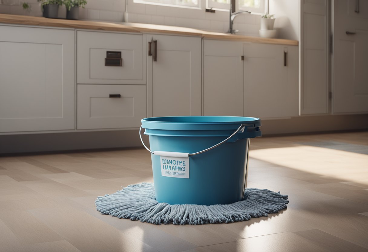 A bucket with various mop options laid out next to a linoleum floor. Labels and ratings are visible on the mops
