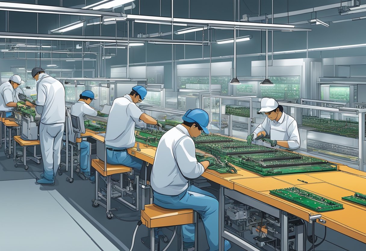 A group of workers assembling PCBs in a modern facility in the Philippines. Machinery hums as components are carefully placed and soldered onto the circuit boards