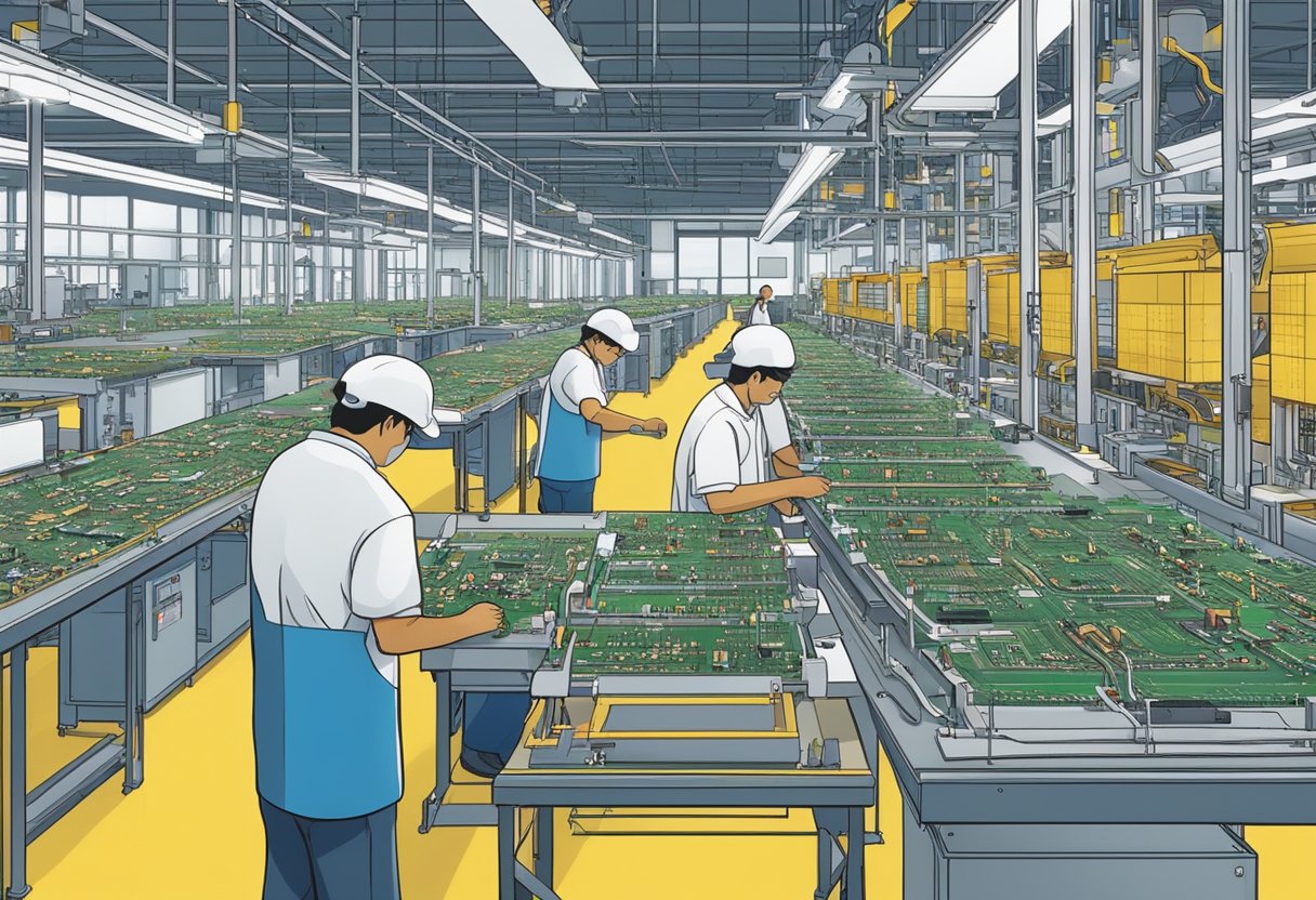 A bustling factory floor with workers assembling electronic components onto PCBs in the Philippines