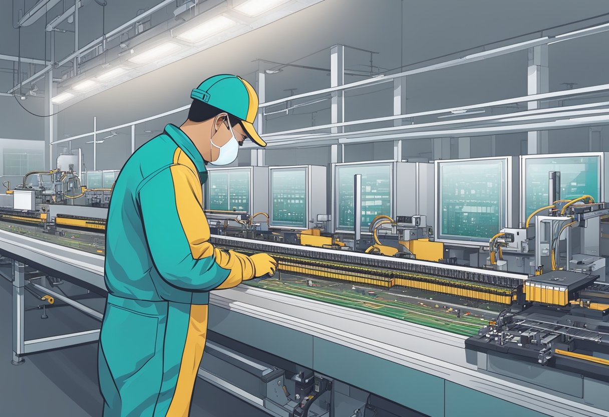 A technician assembles PCB components on a production line in a modern Chinese factory