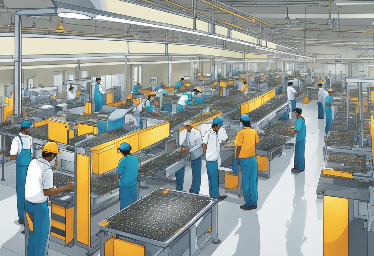 A bustling factory floor in Coimbatore, with workers assembling PCBs at various stations. Machinery hums and workers move with precision