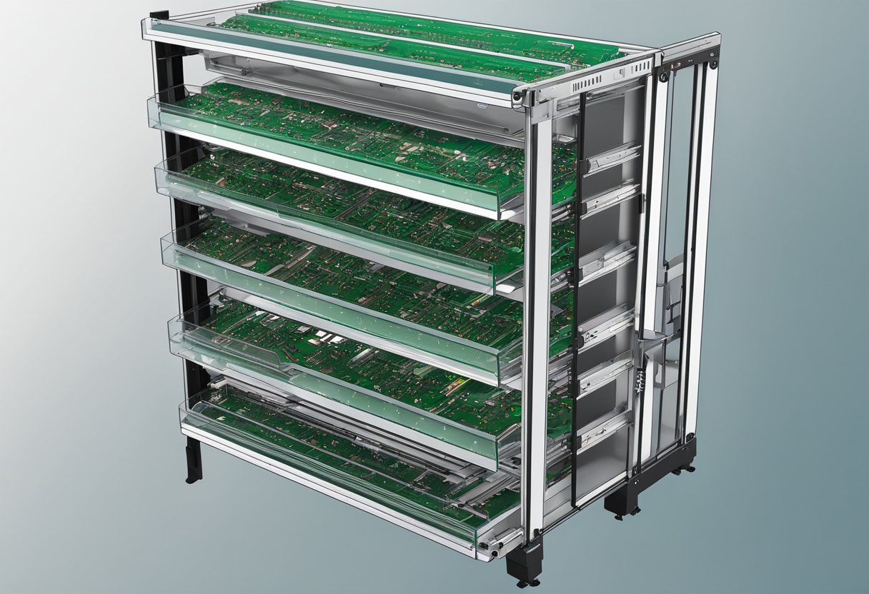 A PCB assembly rack holds multiple circuit boards in a vertical position, with slots for each board and clear labeling for organization