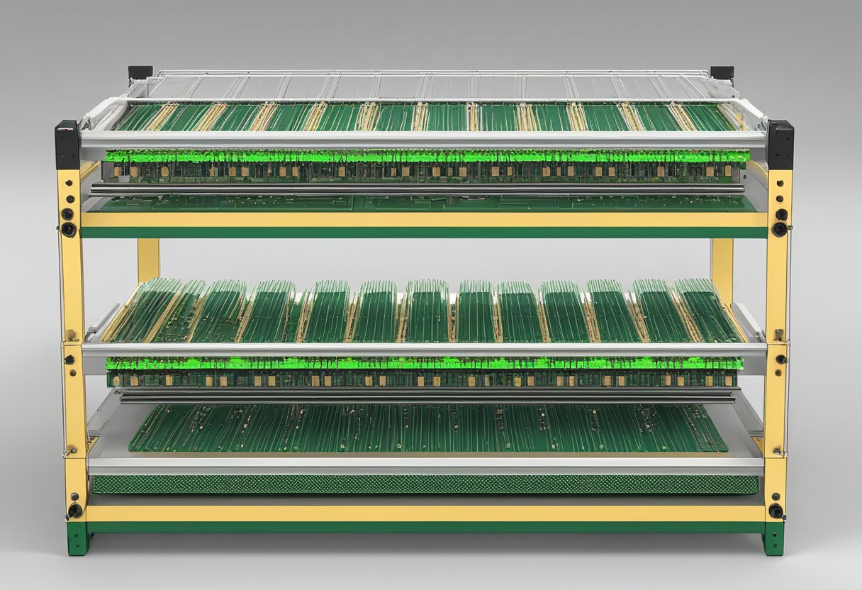 A PCB assembly rack holds multiple circuit boards in place for soldering and component placement. The rack consists of adjustable shelves and slots for securing the boards in position