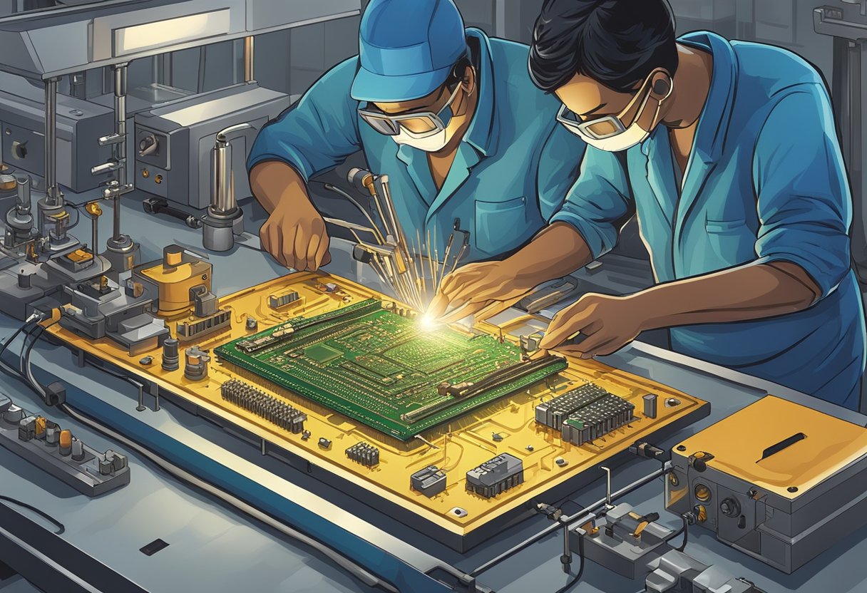 Components being soldered onto a printed circuit board in a manufacturing facility in India