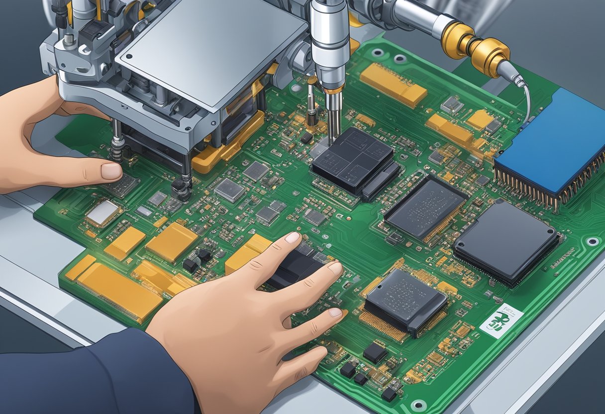 Components being placed on a printed circuit board (PCB) by robotic arms, with soldering equipment nearby