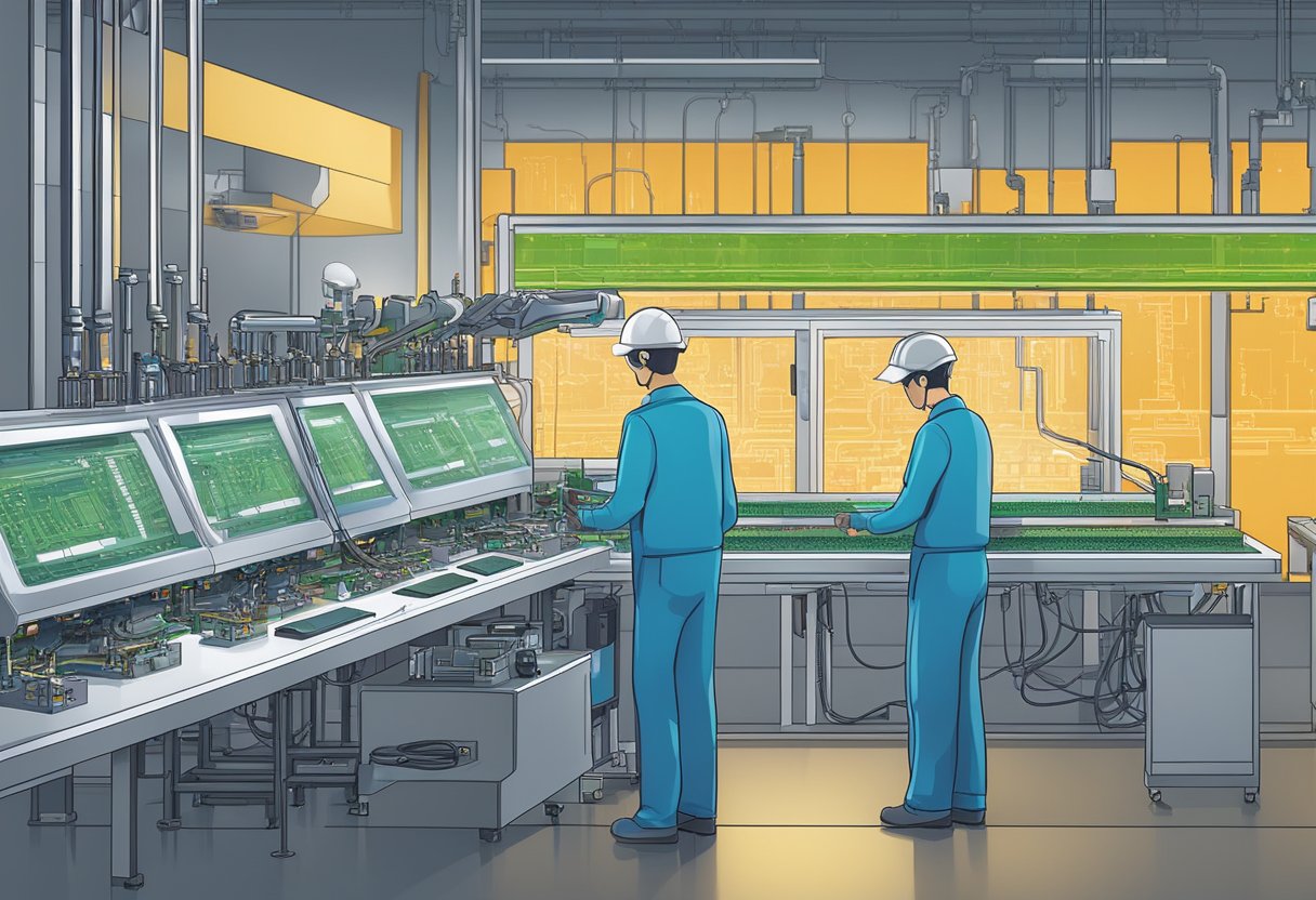 A line of PCB assembly machines placing components onto circuit boards