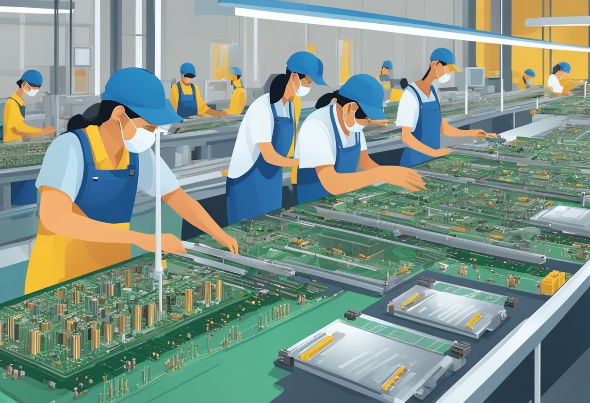 PCB components arranged on assembly line in Malaysian factory