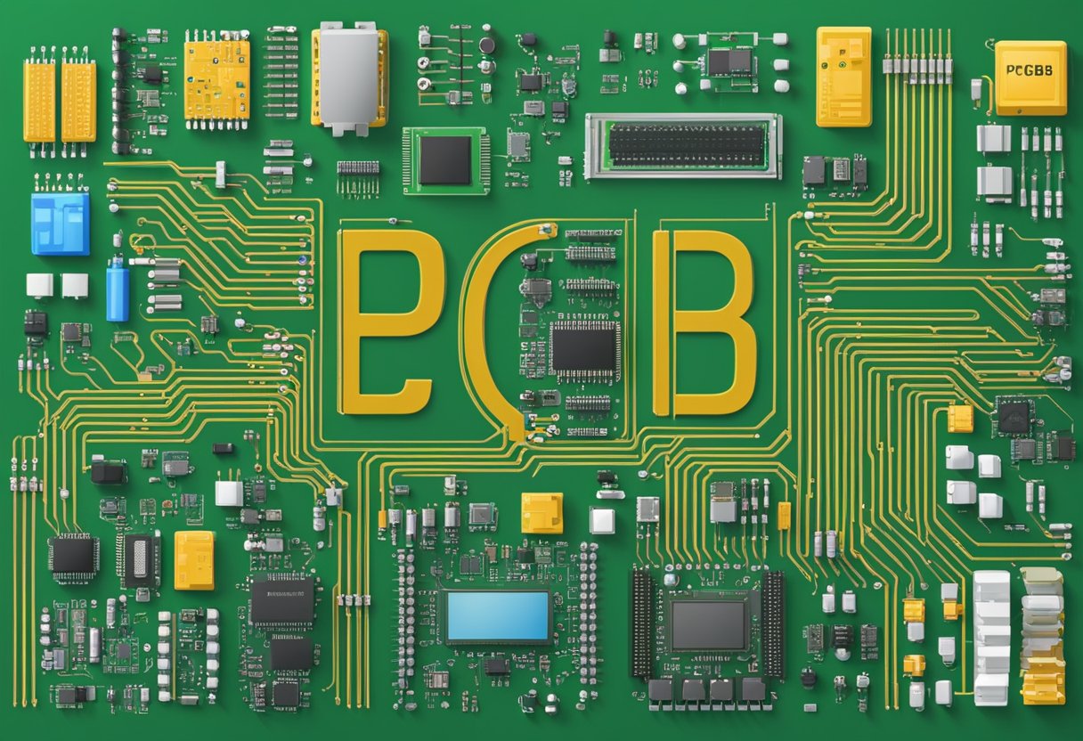 A computer circuit board labeled "pcb" in bold letters, surrounded by various electronic components and soldering equipment