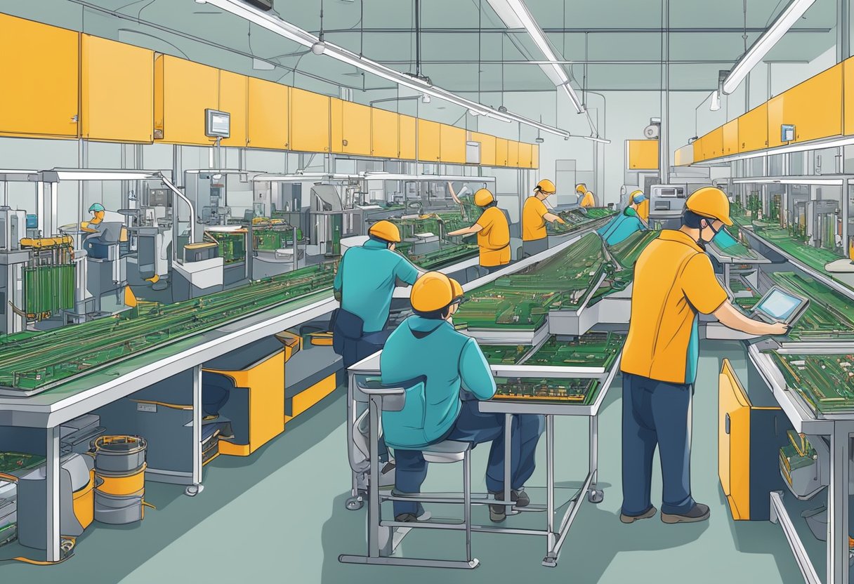A busy PCB assembly line in Ireland, with machines and workers assembling circuit boards