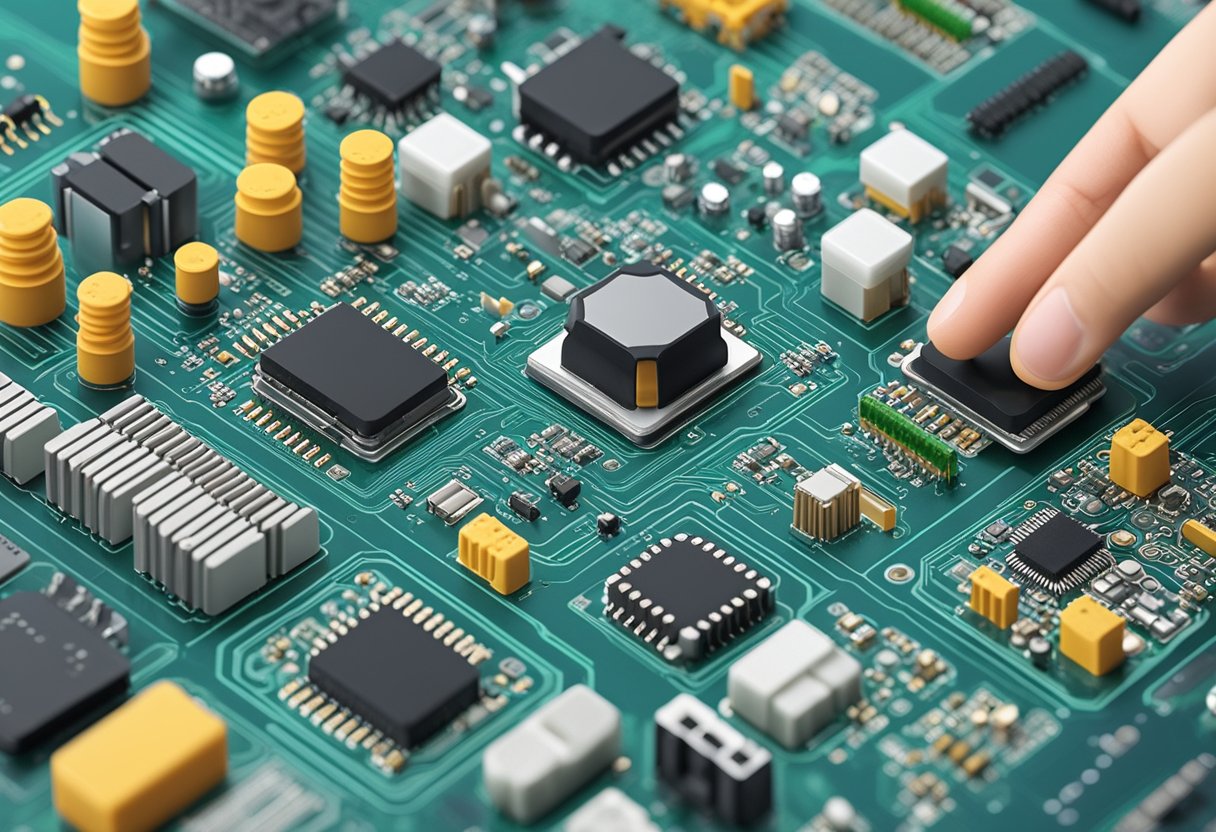 Electronic components arranged on a PCB in a clean and organized manufacturing facility in Malaysia