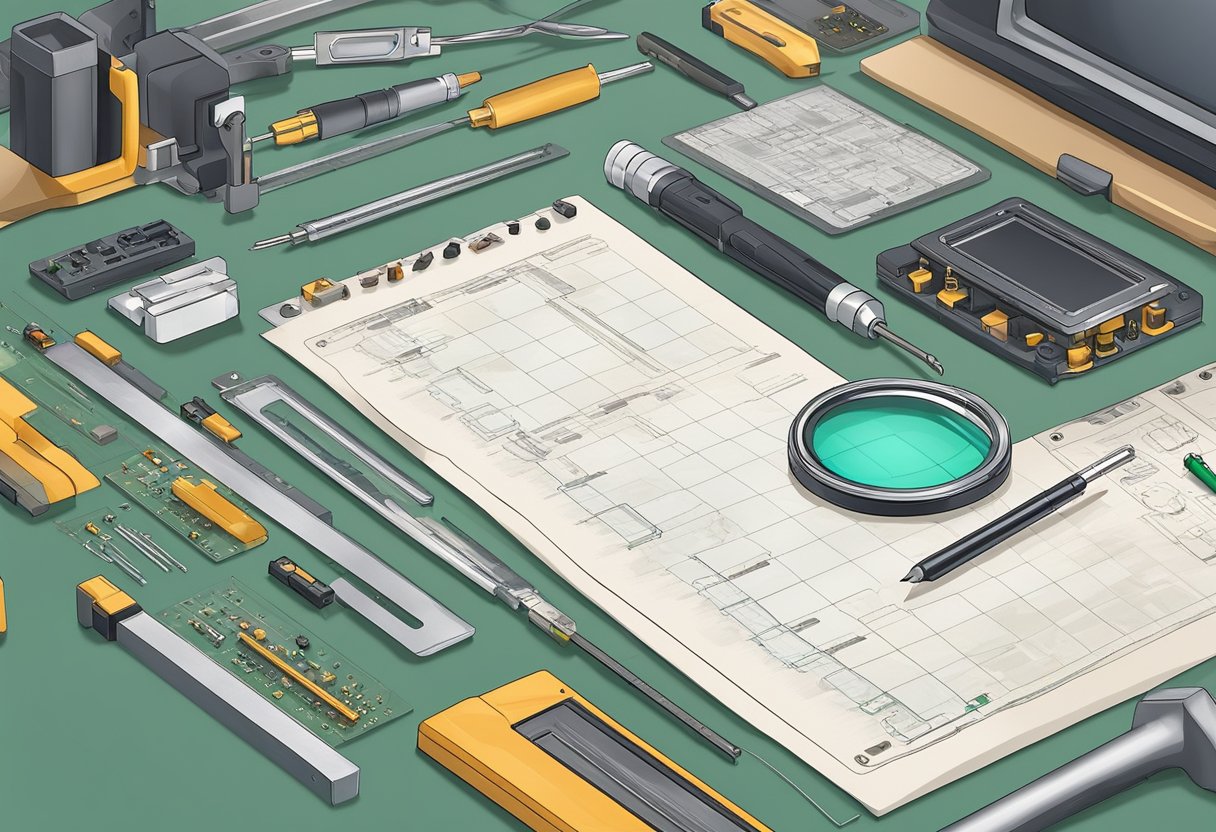A checklist with items like solder joints, component placement, and PCB cleanliness laid out on a workbench, with a magnifying glass and measuring tools nearby