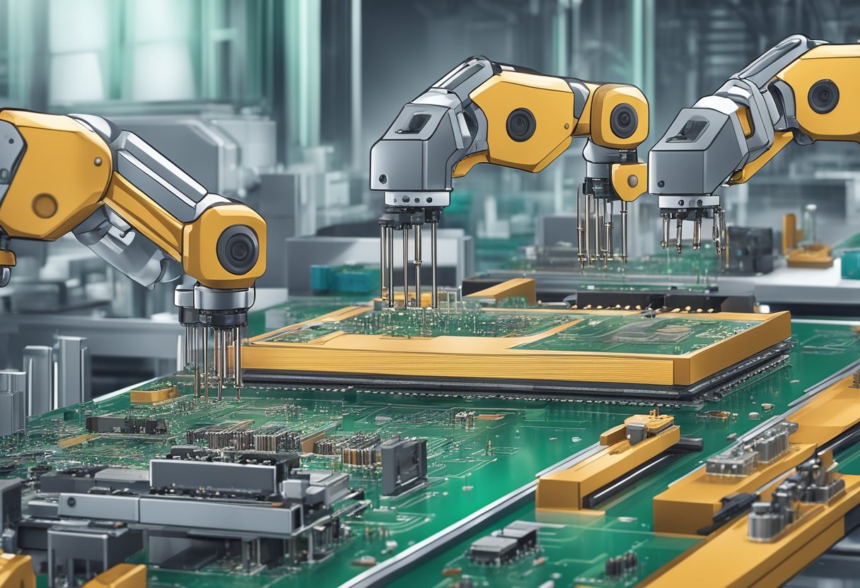 An assembly line of PCB prototype components being carefully placed and soldered onto a circuit board by robotic arms and machinery