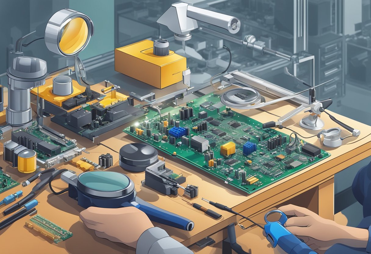 A technician assembles PCB components on a workbench with soldering iron and magnifying glass