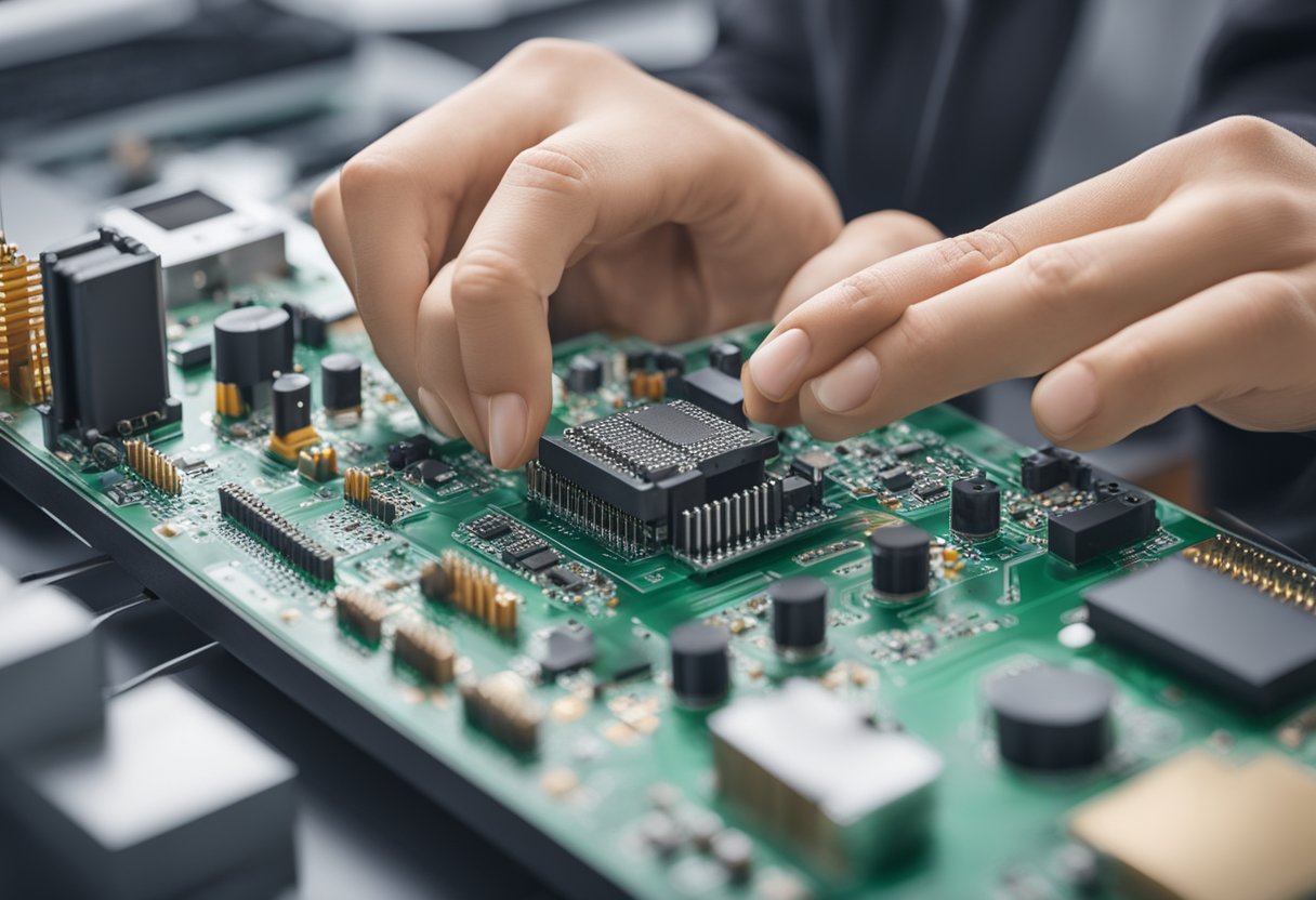 An engineer carefully places components on a printed circuit board, ensuring precise layout for prototype assembly