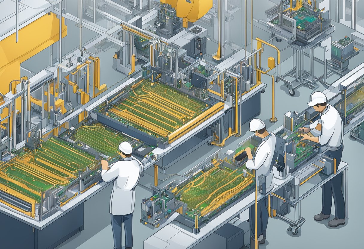 Components being placed onto a printed circuit board by automated machines in a clean and well-lit assembly facility