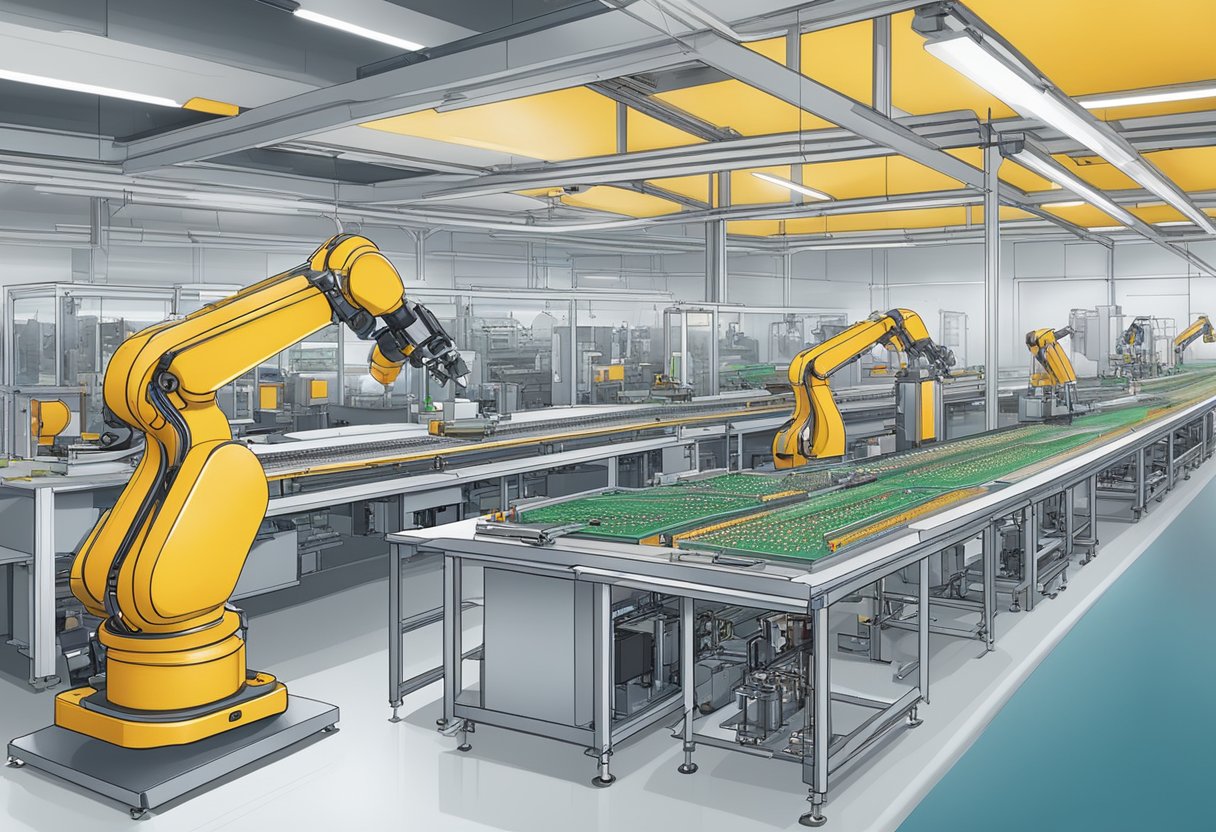 German PCB assembly line with robotic arms, conveyor belts, and precision soldering equipment