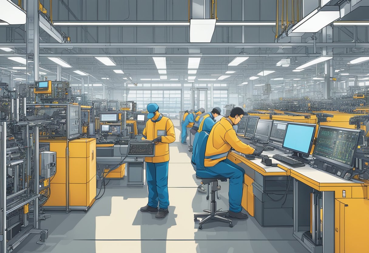 A bustling factory floor with state-of-the-art machinery and precision equipment, workers assembling intricate PCBs with focus and expertise